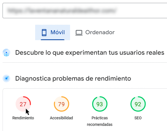 Optimización SEO - Indicadores Pagespeed de rendimiento deficiente